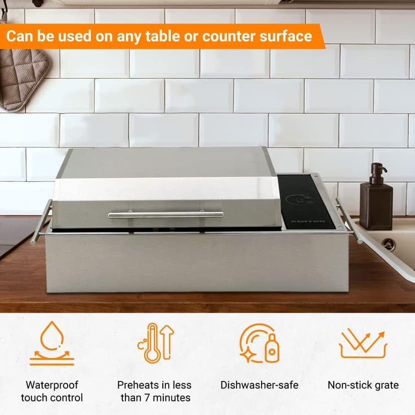 KENYON Frontier Portable Electric Grill, Waterproof Digital Touch Control, UL-Approved For Indoor And Outdoor Use, Stainless Steel, Rust-Proof Grill, Quick Heat Up, Dishwasher Safe, 120V
