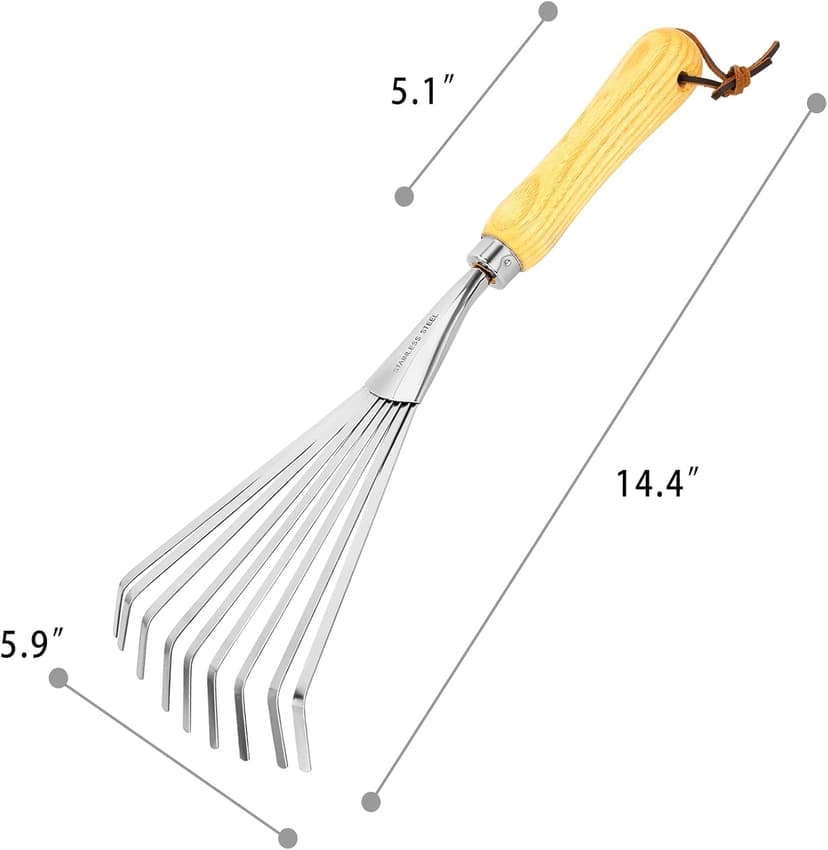 Hand Rakes, Garden Stainless Steel Hand Rake Soil Tiller with Ergonomic Handle, Small Leaf Rakes Great for Gardening, Garden Sweep Yard Flower Beds Tool
