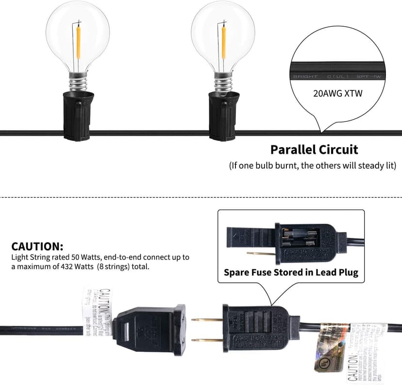 Brightown Led String Lights Outdoor 50Feet G40 Patio Lights with 52 Led Shatterproof Bulbs(2 Spare), Waterproof Led Globe Hanging Lights for Backyard Porch Bistro Balcony Decor, E12 Socket, 2200K