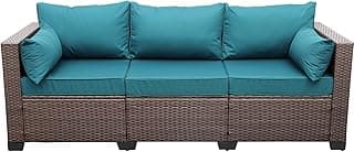 WAROOM Patio Couch PE Wicker 3-Seat Outdoor Brown Rattan Sofa Deep Seating Furniture with Non-Slip Peacock Blue Cushion