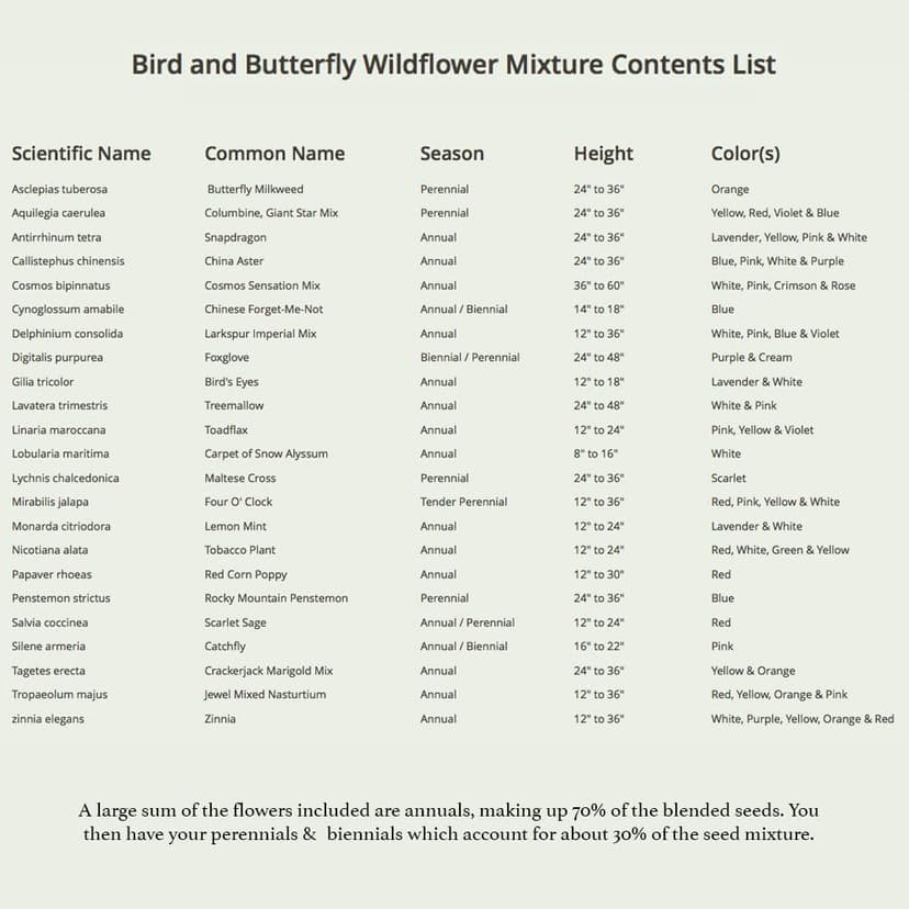 Seed Needs Wildflower Seeds Butterfly and Hummingbird Seed Mix 2 Ounce No Filler | 23 Varieties Annual & Perennial Species Such as Butterfly Milkweed, Cosmos & Zinnia | Resealable Bulk Package