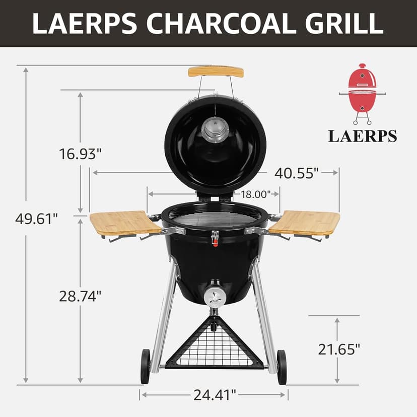 Large Kamado Charcoal Grill, Charcoal Grill with Smoker and Locking Lid, Kamado Charcoal Grill with Side Tray, Easy to Move and Clean, 18 Inches Large Charcoal Grills for Outdoor Cooking