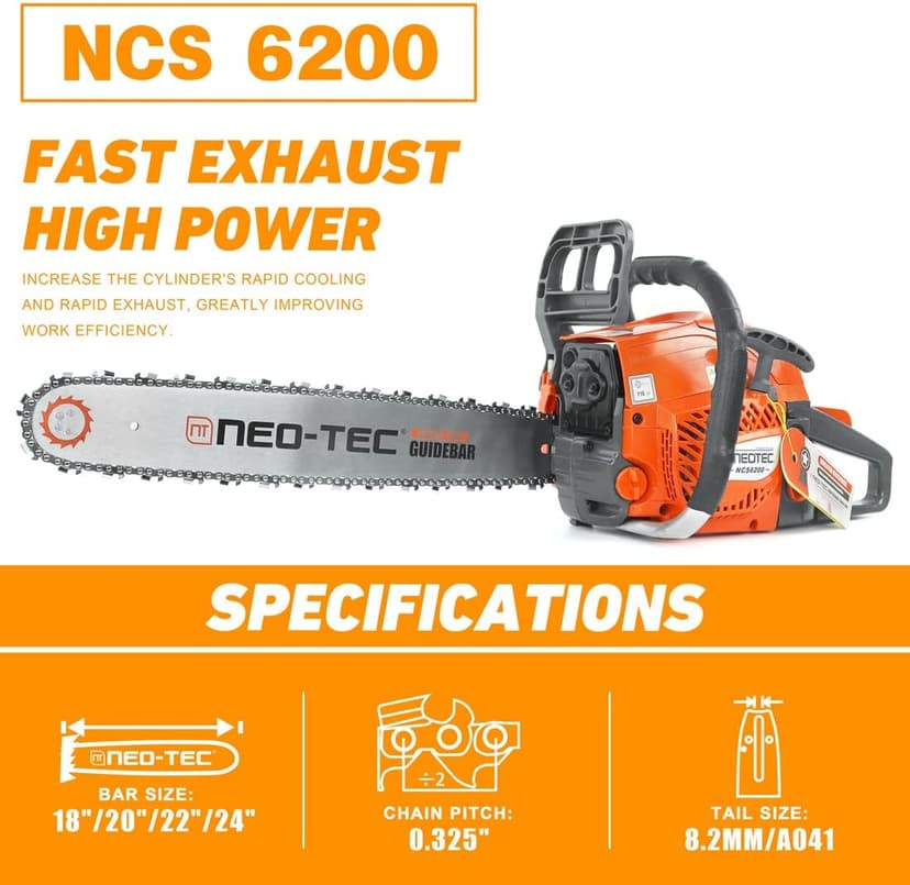 NEOTEC 20 Inch Chainsaw, 62CC Power Chain Saws Gas Powered 2 Stroke Handed Petrol Gasoline Chain Saw for Cutting Wood Outdoor Garden Farm Home