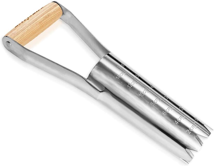 Garden Bulb Planter with 6 inches Depth Mark, Garden Bulb Transplanter Tool with Wooden Handle, Stainless Steel Soil Release Tool for Transplanting Digging Planting Flowers