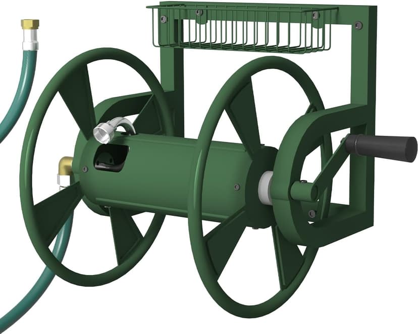 Garden Wall Mounted Hose Reel, Outdoor Heavy-Duty Water Hose Holder Winder, Holds 125 Feet of 5/8-Inch Hose, with 3.9 ft Leader Hose, Brass Fitting and Storage Basket for Yard, Green