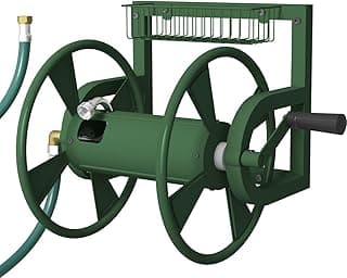 Garden Wall Mounted Hose Reel, Outdoor Heavy-Duty Water Hose Holder Winder, Holds 125 Feet of 5/8-Inch Hose, with 3.9 ft Leader Hose, Brass Fitting and Storage Basket for Yard, Green