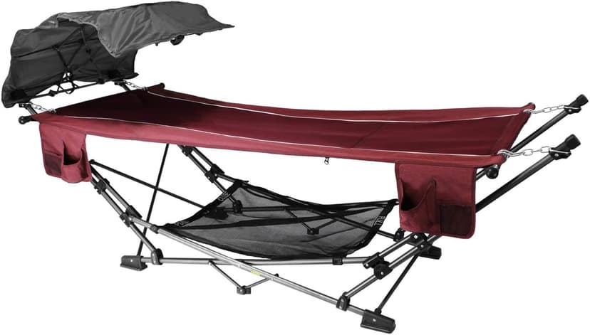 Zenithen Limited Portable Folding Metal Framed Hammock with a Retractable Canopy, Perfect for Camping, Patio, Outdoor, and Relaxing, Side Pockets Included, Red (Pack of 1)