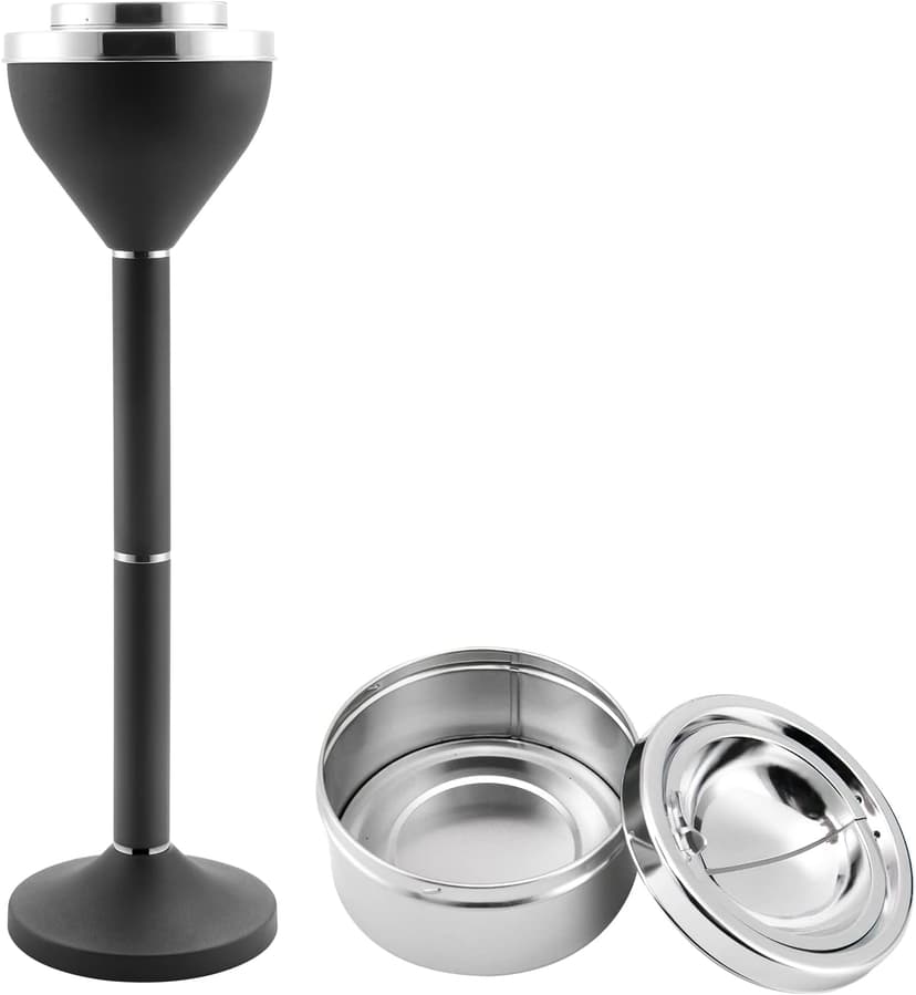 Standing Ashtray Outdoor for Patio, Large & Tall Outside Ash Tray for Cigarette Butt Receptacle Disposal, Commercial Metal Smokers Cigar Ashtrays Container with Lid, Matte Black, B01DK