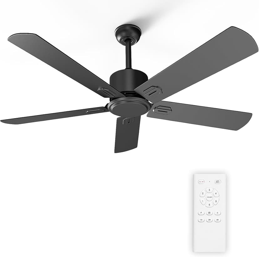 52 Inch Ceiling Fan No Light - Outdoor Indoor Flush Mount Low Profile DC Motor Fan with Remote, 5 Blades Reversible Silent Fan for Patio, Bedroom, Living Room, Garage