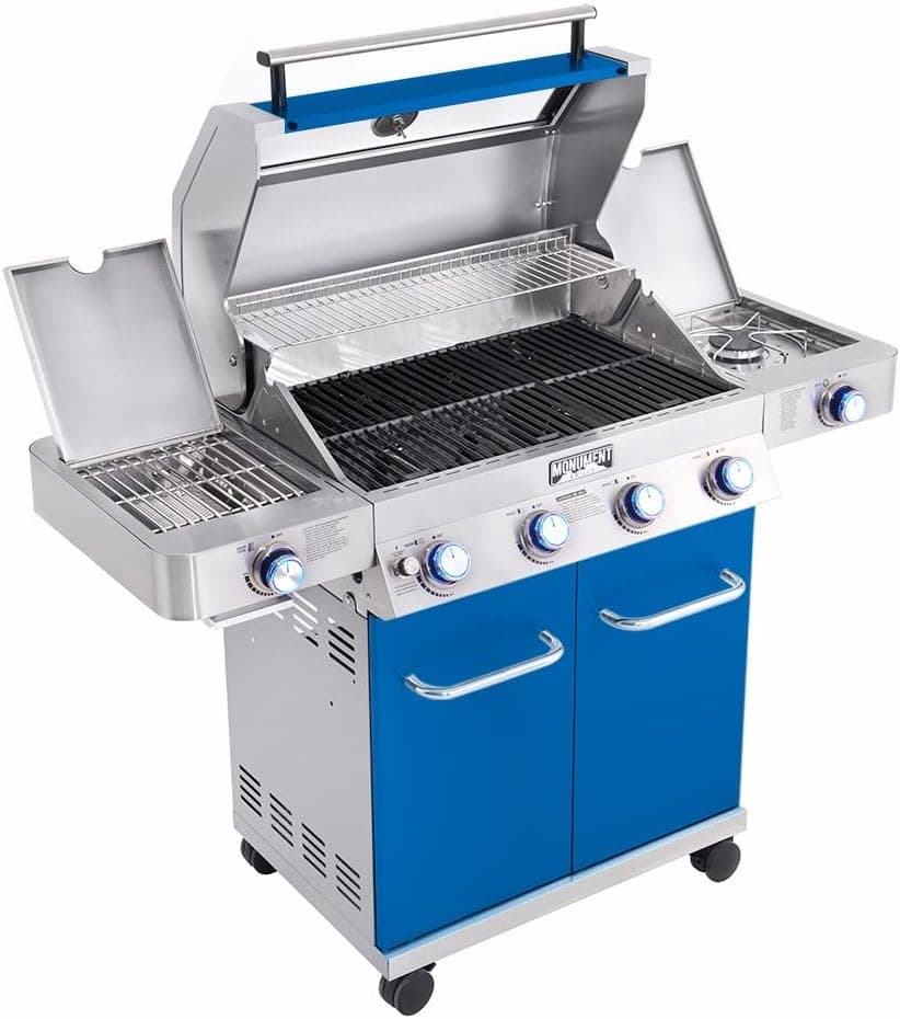 Monument Grills Larger 4-Burner Propane Gas Grills Stainless Steel Cabinet Style with Clearview® Lid, Knob Controls, Built-In Thermometer, Infrared Side Sear Burners & Side Burners, Blue