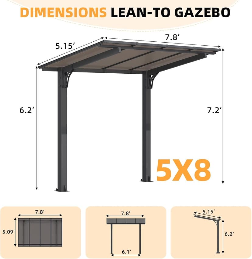 AECOJOY 8' x 5' Gazebo Outdoor Pergola for Patio, Freestanding Lean to Hard Top Grill Gazebo Carport Pergolas and Gazebos Clearance with Roof, Small Wall-Mounted Heavy Duty Awnings for Patio, Decks