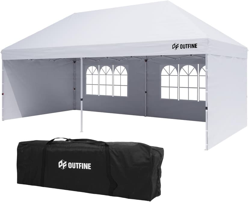 OUTFINE Canopy 10'X20' Pop Up Canopy Gazebo Commercial Tent with 4 Removable Sidewalls, Stakes X12, Ropes X6 for Patio Outdoor Party Events (All White, 10 * 20FT)