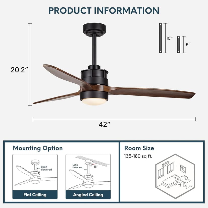 EKIZNSN 42'' Outdoor Waterproof Ceiling Fan with Light for Patios, 3 Blade Wet Rated Ceiling Fans, DC Motor w 6 Speeds, Walnut Wood