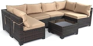 LEVELEVE 7 Pieces Outdoor Patio Furniture Sets,Rattan Conversation Sectional Set,Manual Weaving Wicker Patio Sofa with Tea Table