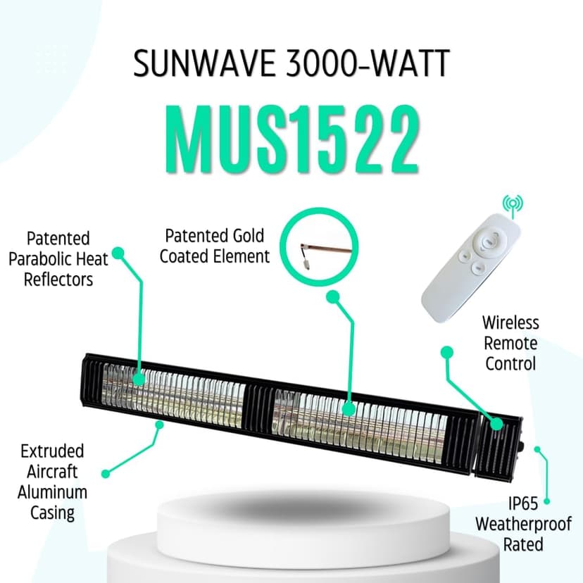 Commercial SunWave 3000 Watt Infrared Patio Heater Tungsten Ultra Quartz Low Glare with Remote control and 3 power levels, 11,028 BTU Max output By Muskoka Lifestyle Products USA Black
