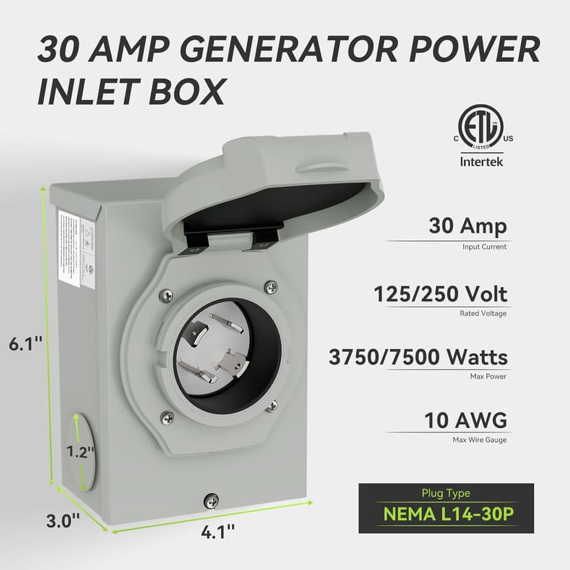 Pre-Drilling 30 Amp Generator Inlet Box RVMATE, NEMA L14-30P Power Inlet Box for 4 Prong Generator Cord, 125/250V,3750/7500W 30a Power Inlet Box, ETL Listed, Waterproof for Outdoor Use