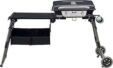 Cuisinart Prep ‘N Go Folding Gas Grill, Portable Stand-Up Propane Grill with Compact Fold and Storage Tote, Wheels and Side Table, 18,000 BTUs for Camping, Tailgating, Outdoor Cooking