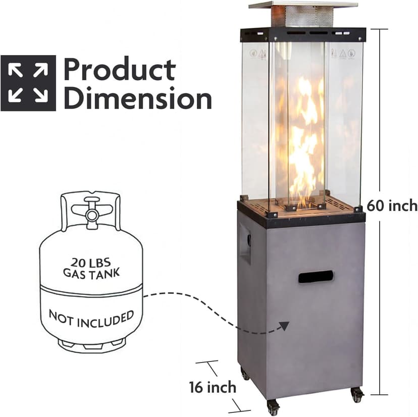 Afterglow Outdoor Patio Propane Fire Heater with Weather Cover Glass 41000 BTU Fireplace Patented & CSA Certificated, Cement Gray