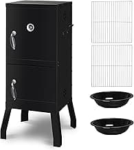 Outvita Outdoor Smoker with Double Doors, Vertical Charcoal Smoker, Outdoors Charcoal Barbeque with 2 Detachable Grill Netting Smoking Racks, Suitable for Lawn Picnic, Backyard BBQ, Black