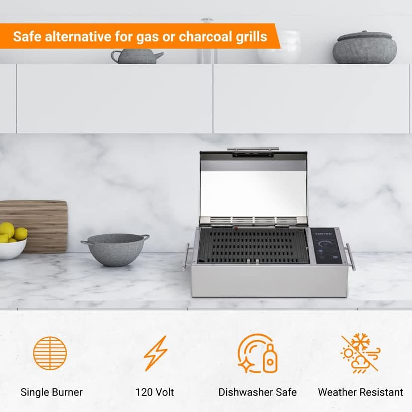 KENYON Frontier Portable Electric Grill, Single Burner With IntelliKEN Touch Control, Stainless Steel Body, Rust-Proof Grill, UL-Approved For Indoor And Outdoor Use, Dishwasher Safe Grates, 120V