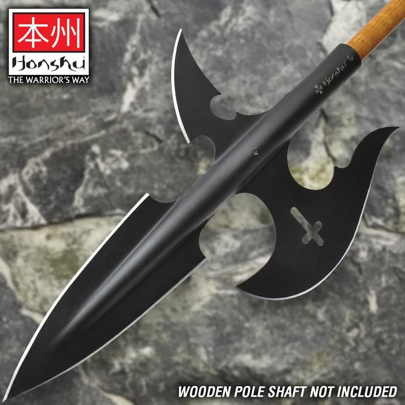 Honshu Halberd Spear | High Carbon Steel | Black Oxide Coating | Cross Cut-Out Accent | Length 19 3/5”