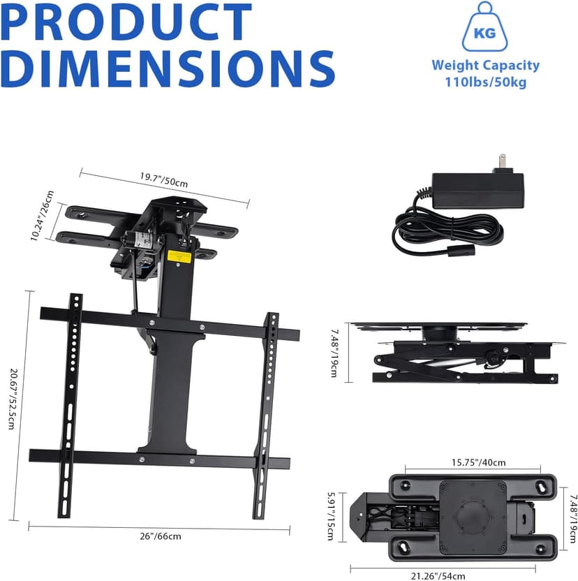 TOPSKY Electric Adjustable Flip Down Swiveling TV Mount with Remote and App Controller, Large Motorized Ceiling Mount for 32 to 75 Inch Flat and Curved Screen TVs (Black)
