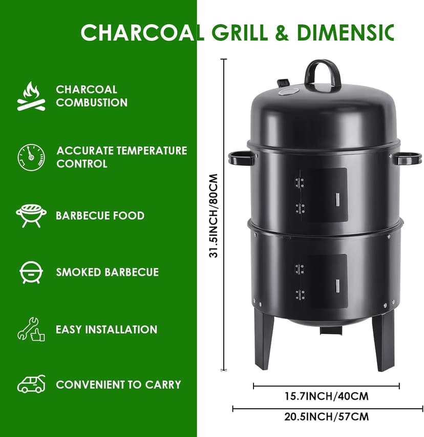 17-Inch Vertical 17-Inch 3-in-1 Charcoal BBQ Smoker, Heavy-Duty Portable Outdoor Grill with Built-in Thermometer, Dual Air Vents, and Multi-Level Cooking for Camping & Backyard Parties