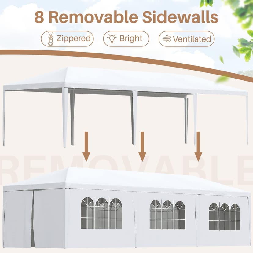 Greesum 10x30 Outdoor Canopy Tent, Patio Gazebo, for Party Wedding BBQ Events with 8 Side Removable Walls, Waterproof Canopies, White