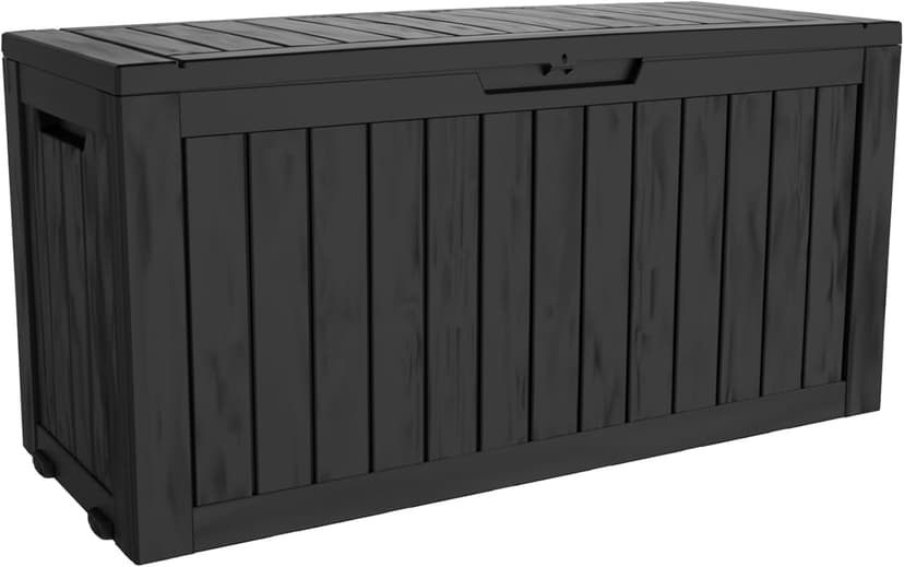 80 Gallon Lockable Resin Deck Box with Wheels, Waterproof & UV-Resistant Outdoor Storage Box for Outdoor Cushion Storage, Tools Storage and Delivery, Black