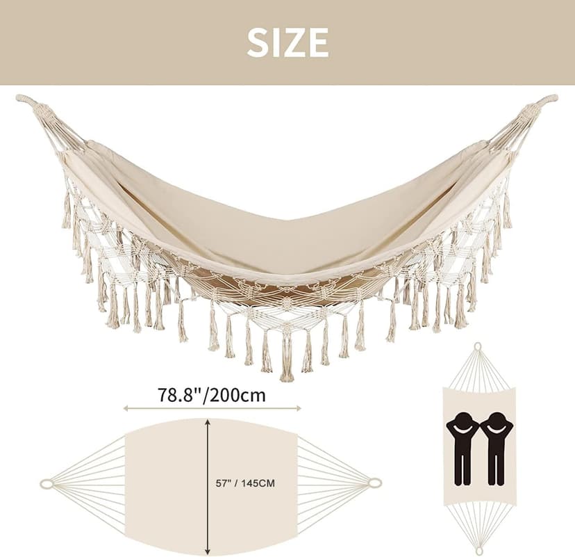 Bellzacasa Double Hammock, Heavy Duty 500 lb Load Capacity Tassels and Fishtail Knitting with Mounting Straps for Outdoor Camping Patio Balcony Beige