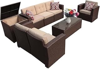 Super Patio 8 Pieces Outdoor Patio Furniture Set, Wicker Patio Conversation Sets with Storage Box, Rattan Outdoor Sectional Sofa Set with Cushions and Coffee Table for Outside Porch, Deck, Brown