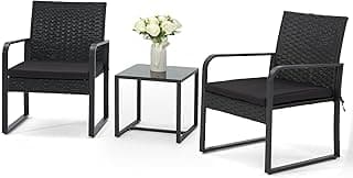 Bezseller 3 Piece Outdoor Patio Furniture Set, Patio Bistro Set Wicker Conversation Set, Modern Rattan Chair with Glass Coffee Table for Backyard, Porches, Poolside, Lawn and Balcony