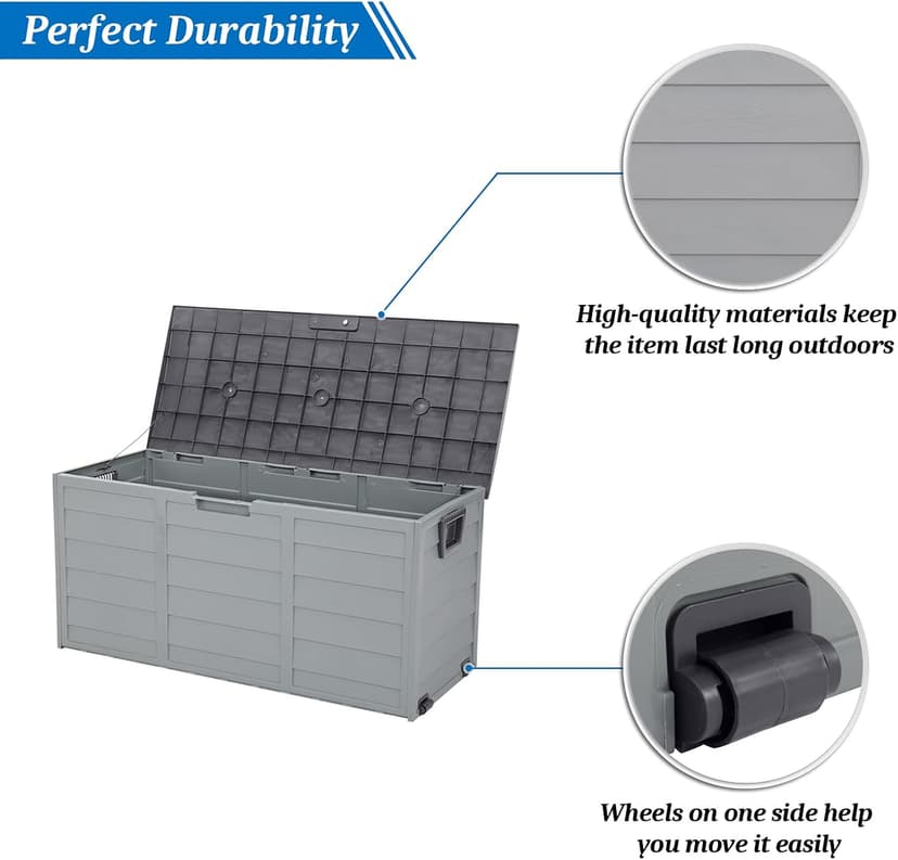 VINGLI Upgraded 75 Gallon Outdoor Storage Box, Lockable Plastic Storage Containers with Lid, Patio Deck Box Furniture for Garden, Pool, Balcony, Yard (Grey)
