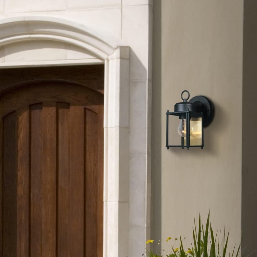 DESIGNERS FOUNTAIN Preston Outdoor Light Fixture, 8 Inch, Exterior Wall Mount Lantern Sconce, Clear Glass Porch Lights for Front Door, Patio, and House Garage, Black, 1161-BK