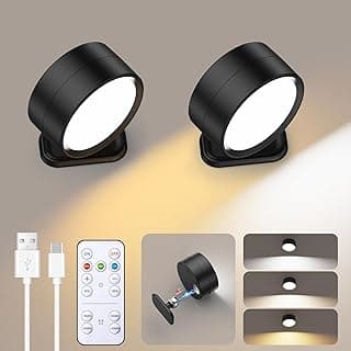 Brightown LED Magnetic Wall Sconce Lights, 2 Pack USB Rechargeable Wall Mounted Lights with Remote, 3 Lighting Colors and Dimmable, 360° Rotation Cordless Wall Mount Lamp for Bedroom, Black