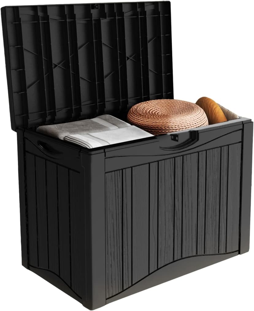 45 Gallon Heavy Duty Outdoor Deck Box with Lockable Lid, All Weather Waterproof Storage for Patio Cushions, Pool Toys, Garden Tools - Rust-Proof Resin Design (Black)