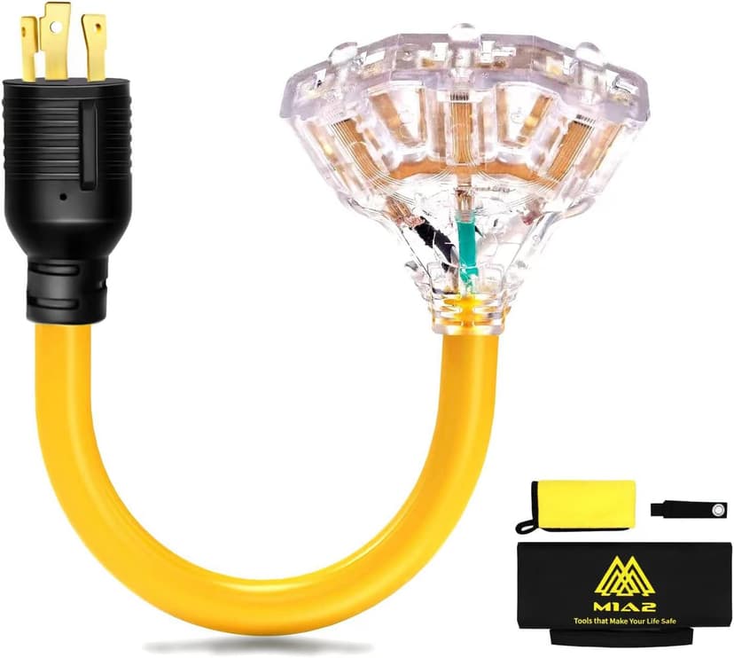 30 Amp to 15/20 Amp Generator Adapter - Locking Cord, Nema L5-30P Male to 3X 5-20R Female, 1.5 FT Household Outlet Female