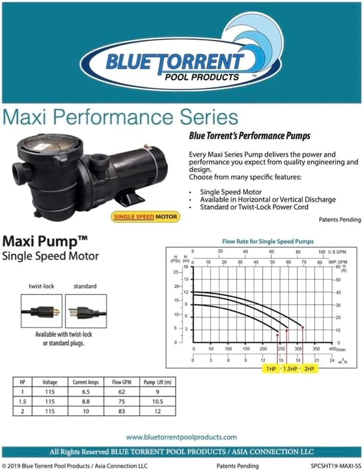 Single 1.5HP Speed Dual Port Flow Force Replacement Pump for Above Ground Pools With On/Off Switch