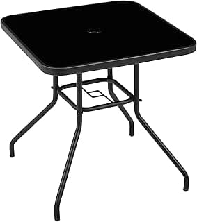 Yaheetech Outdoor Bistro Table with Umbrella Hole, 28in Patio Square Dining Table w/Silk Printing Glass Top, Weather-Resistant Patio Table for Garden Poolside Balcony Backyard, Black