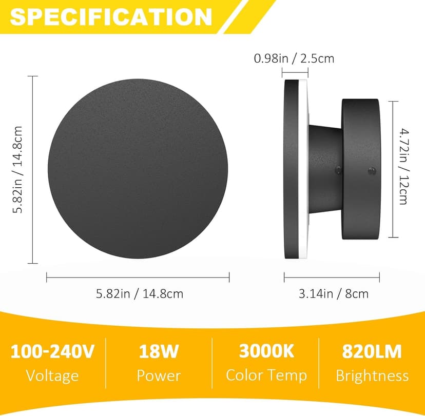 2 Packs LED Wall Light Outdoor Indoor Modern Wall Sconce Mini Wall Sconce Outdoor Wall Lights Aluminum Waterproof Black Wall Mount Light LED Wall Sconces Warm White 3000K (Round)