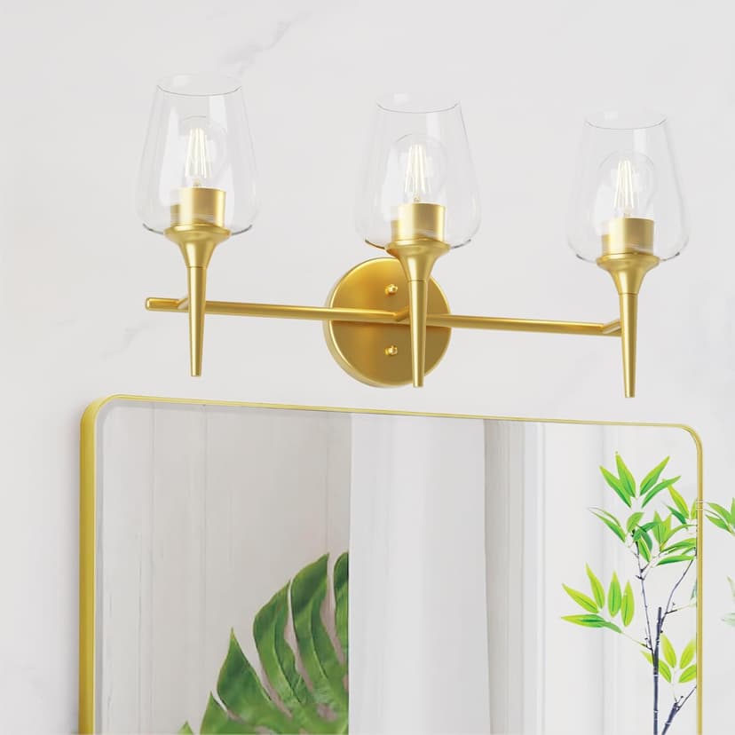 Bathroom Vanity Light Fixture, 3 Light Modern Gold Vanity Lighting fixtures, Lighting Fixtures Over Mirror, Wall Lamp with Clear Glass for Bathroom, Hallway, Bedroom with E26 Socket