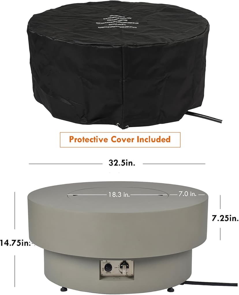Propane Outdoor Fire Pit Table, Flint & Concrete Look 33-inch Round Patio Gas Fire Table 50,000 BTU w/Lid, Fire Glass, Heavy Duty Rain Cover, Pre-Attached 10ft Propane Hose