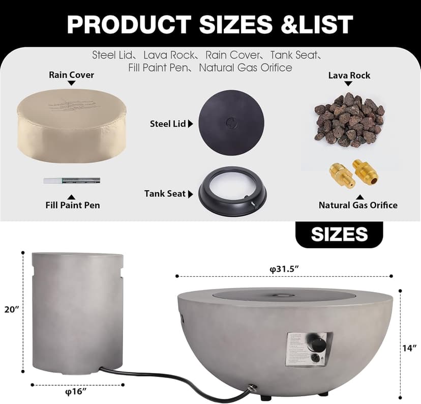 31.5 Inch Outdoor Propane Fire Pit Table 2-Piece 50,000 BTU Gas Fire Pit Concrete Round Burner Tank Cover Fire Coffee Table with Lid for Garden,Deck-31.5" Grey