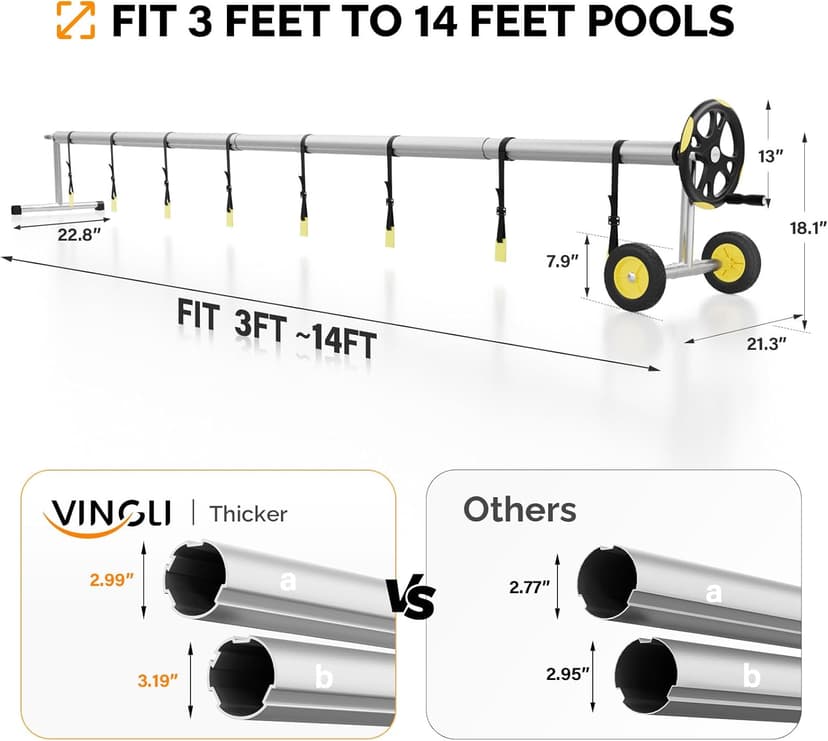 VINGLI Pool Cover Reel Set Pool Solar Cover Reel for Inground Swimming Pool, Aluminum Solar Swimming Inground Cover Blanket Reel (Upgrade) (14 Feet)