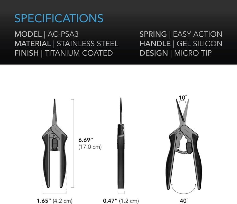 AC Infinity 6.6” Stainless Steel Pruning Shear, Lightweight Ergonomic Design, Straight Precision Blades with Nonstick Titanium Coating for Gardening, Hydroponics, Grow Tents