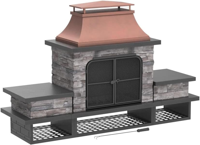 Sunjoy Outdoor Fireplace, Patio Wood Burning Fireplace with Steel Chimney, Mesh Spark Screen Doors, Fire Poker, and Removable Grate, Copper and Black