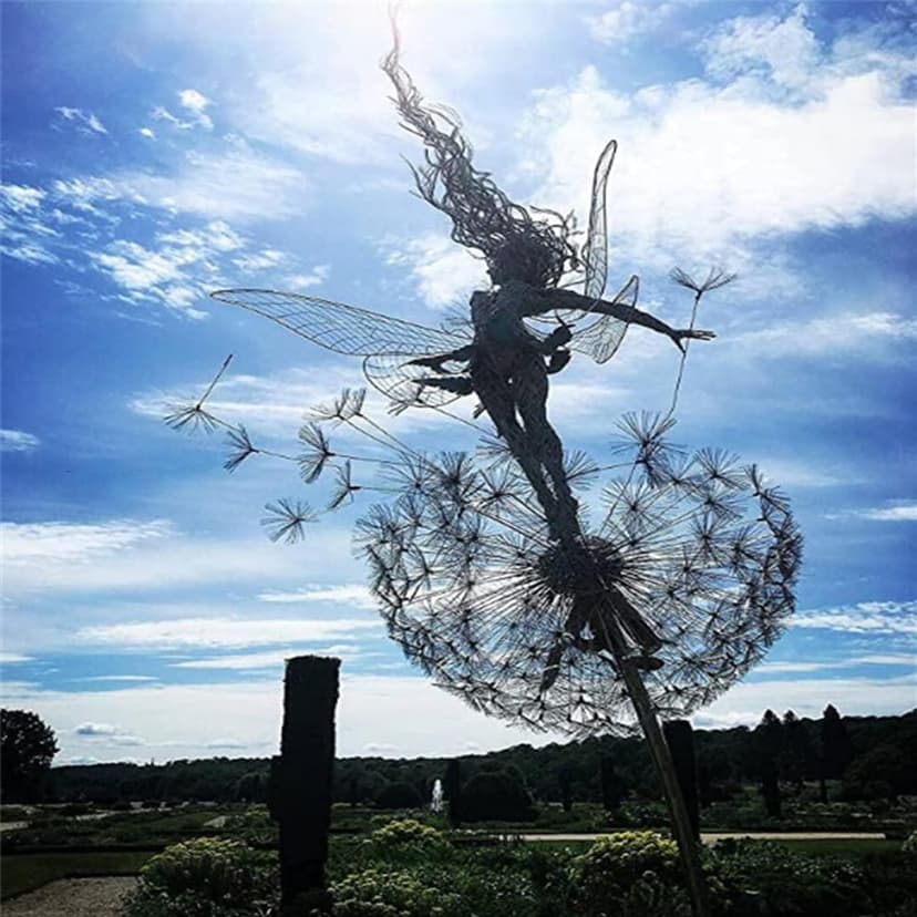 Flower Fairy Dancing with Dandelion Garden Art Sculpture Stainless Steel Statue Christmas Halloween Decoration for Outdoor Yard Courtyard Lawn Patio Metal Ornaments (Open Hands)