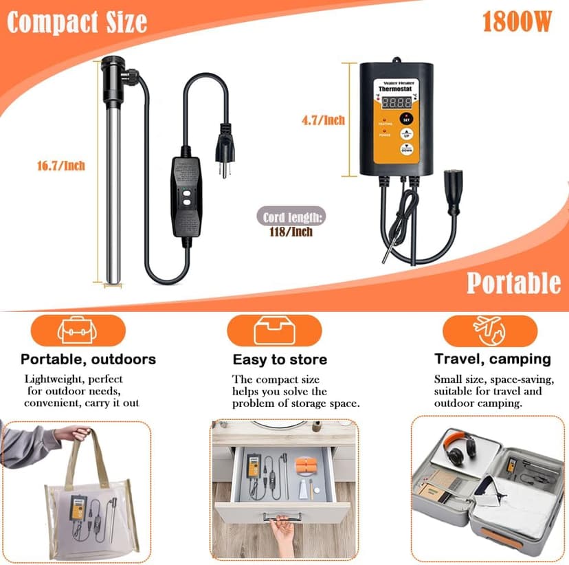 1800W Portable Fully Submersible Electric Pool And Hot Tub Immersion Water Heater With Gfci Plug, Thermostat For Bathtub, Inflatable, Swimming Above Ground Pools, Bathtub,Baptistry, Baptismal Pool