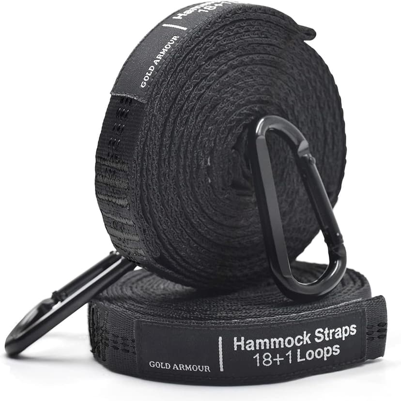 Gold Armour Hammock Straps XL Combined 20 Ft Long, 36 Loops with 2 Carabiners - Must Have Camping Hammock Accessories & Gear to Hang Camping Hammocks (Black with Black Stitching)