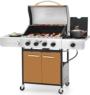 Sophia & William 4-Burner Gas BBQ Grill with Side Burner and Porcelain-Enameled Cast Iron Grates, 42,000BTU Propane Grills Outdoor Cooking Barbecue Grill Cabinet Style, Golden